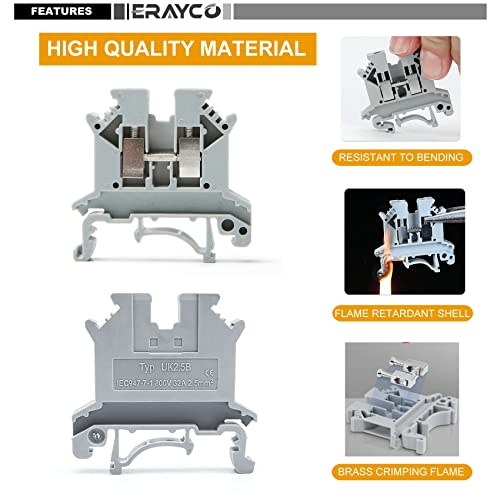 Erayco UK2.5N-B DIN Rail Terminal Block, Screw Clamp, 600V 20A 24-12AWG, Pack of 100 (Black)