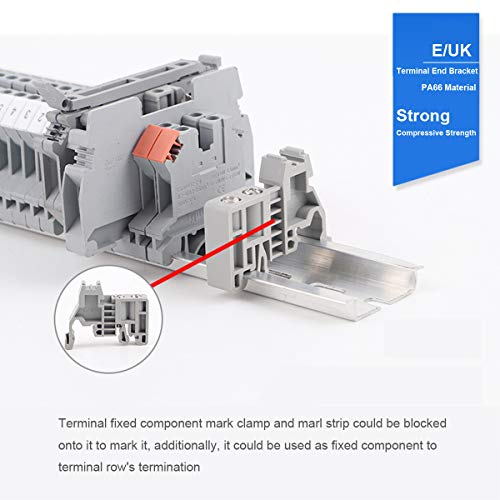 Erayco DIN Rail Terminal Blocks Kit, 20Pcs UK-2.5N 12 AWG Terminal Blocks, 2Pcs Ground Blocks, 2Pcs Fixed Bridge Jumpers, 4Pcs End Brackets, 4Pcs End Covers, 4Pcs Marker Strip, 1Pcs 8" Aluminum Rail