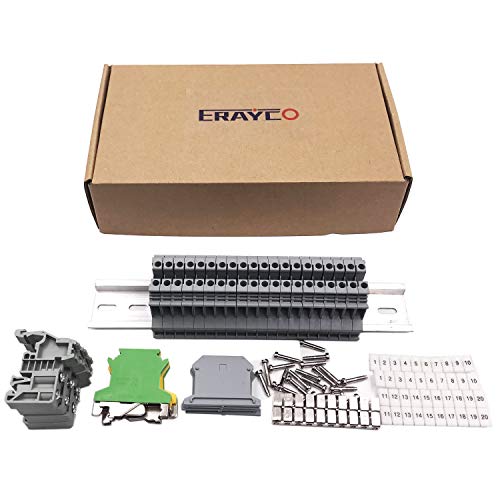 Erayco DIN Rail Terminal Blocks Kit, 20Pcs UK-2.5N 12 AWG Terminal Blocks, 2Pcs Ground Blocks, 2Pcs Fixed Bridge Jumpers, 4Pcs End Brackets, 4Pcs End Covers, 4Pcs Marker Strip, 1Pcs 8" Aluminum Rail