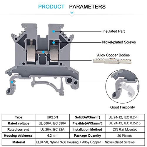 Erayco DIN Rail Terminal Blocks Kit, 20Pcs UK-2.5N 12 AWG Terminal Blocks, 2Pcs Ground Blocks, 2Pcs Fixed Bridge Jumpers, 4Pcs End Brackets, 4Pcs End Covers, 4Pcs Marker Strip, 1Pcs 8" Aluminum Rail